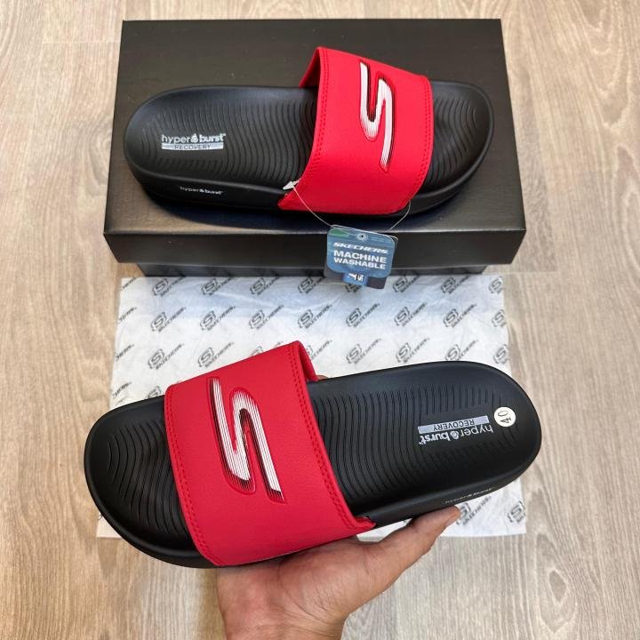 Skechers Hyper Burst Soft Premium White Red Logo Red Black Flip Flop