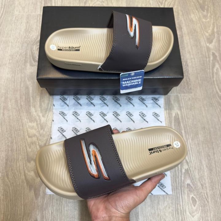 Skechers Hyper Burst Soft Premium White Orange Logo Brown Beige Flip Flop