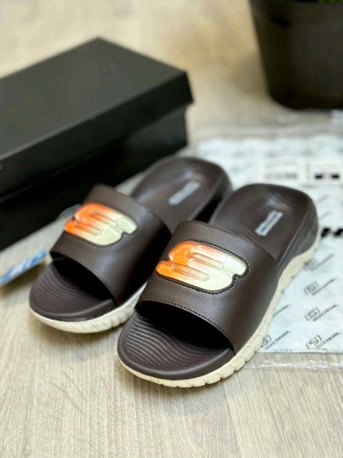 Skechers Go Recover Utopo Logo Premium Brown Cream Slides - Image 2