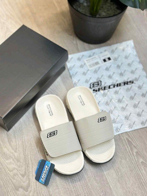 Skechers Go Recover Adjust Premium Beige Black Slides - Image 2