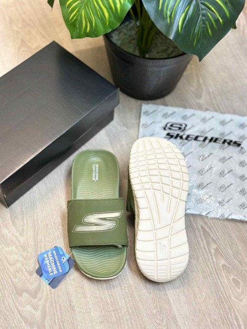 Skechers Go Recover Premium Olive Cream Slides - Image 2