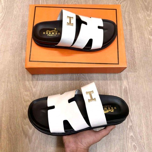 Hermes Chypre Soft Comfort White Black Shine Sandal