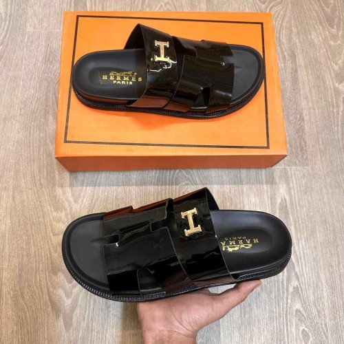 Hermes Chypre Soft Comfort All Black Shine Sandal
