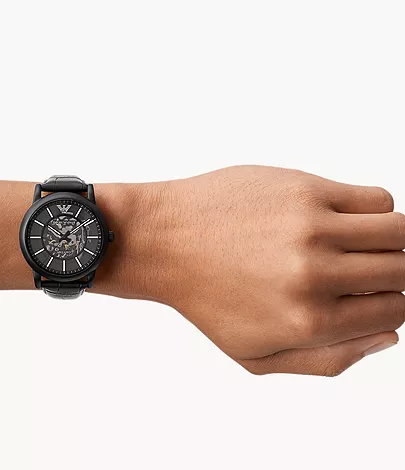 Armani Black Leather Automatic Watch - Image 4