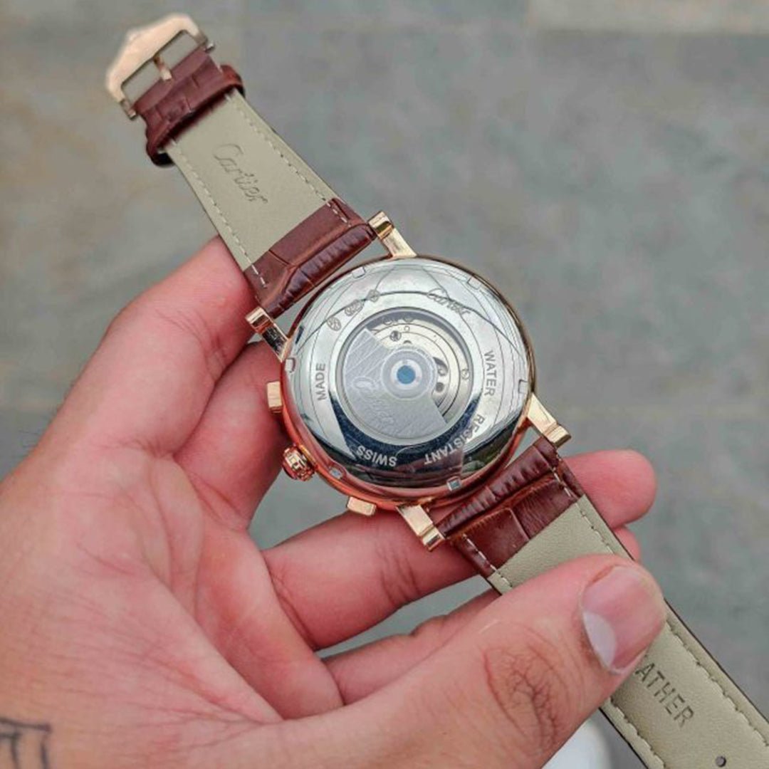 Cartier Leather Brown Automatic Watch Circle Dial B - Image 3