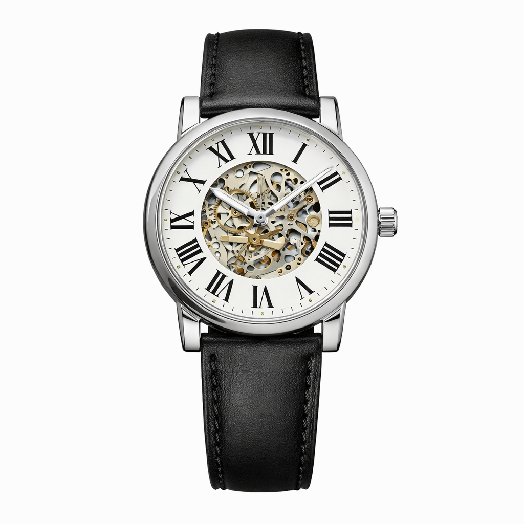 Fossil Silver Skeleton Dial Black Leather Strap Watch