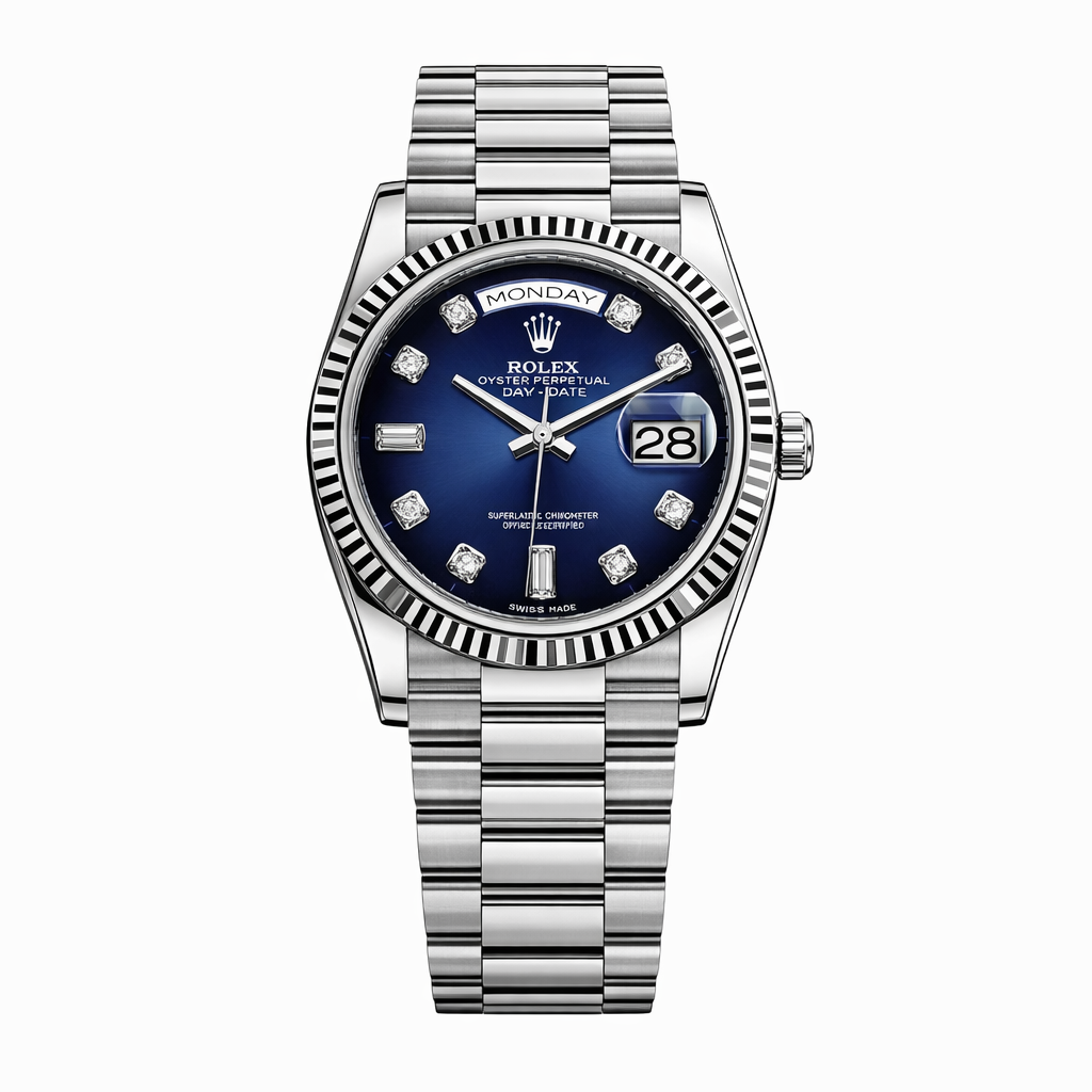 Rolex Oyster Perpetual Day-Date Blue Dial Diamond Marker Watch