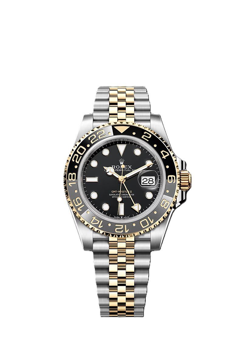 GMT-Master II yellow gold with a black dial and a Jubilee bracelet.